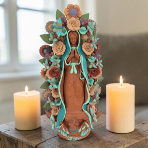 XL Handmade Clay Virgin Mary Sculpture, Mexican Folk Art, 23.7"