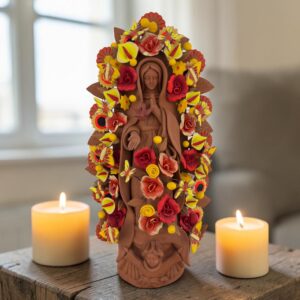 XL Handmade Clay Virgin Mary Sculpture, Mexican Folk Art, 23.7"