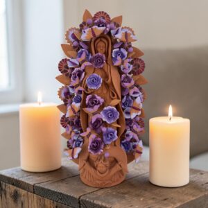 XL Handmade Clay Virgin Mary Sculpture, Mexican Folk Art, 23.7"