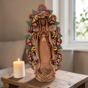 XL Handmade Clay Virgin Mary Sculpture, Mexican Folk Art, 23.7"