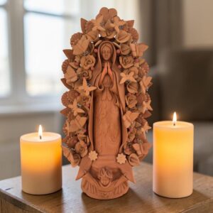 XL Handmade Clay Virgin Mary Sculpture, Mexican Folk Art, 23.7"