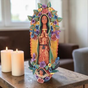 XL Handmade Clay Virgin Mary Sculpture, Mexican Folk Art, 27.5