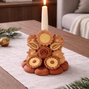 Handmade Clay Candle Holder from Oaxaca, Mexico Terracotta Floral Barro Decor, Mexican Folk Art Centerpiece Flower Design Porta velas