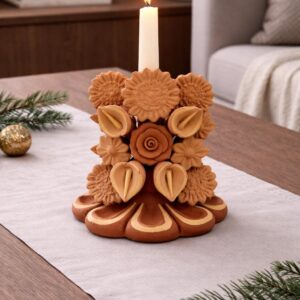 Handmade Clay Candle Holder from Oaxaca, Mexico Terracotta Floral Barro Decor, Mexican Folk Art Centerpiece Flower Design Porta velas