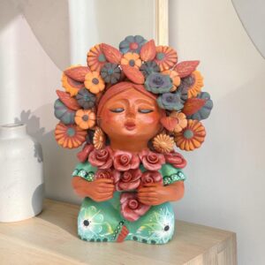 Pachamama Roses Sculpture – Handmade In Metepec Mother Earth Clay Figurine, Spiritual Folk Art
