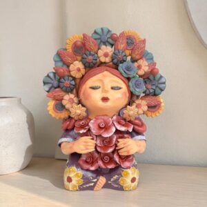 Pachamama Roses Sculpture – Handmade In Metepec Mother Earth Clay Figurine, Spiritual Folk Art
