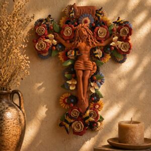 Jesus Christ Crucifix Metepec Clay Handmade Floral Wall Decor Sculpture