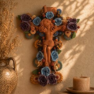 Jesus Christ Crucifix Metepec Clay Handmade Floral Wall Decor Sculpture