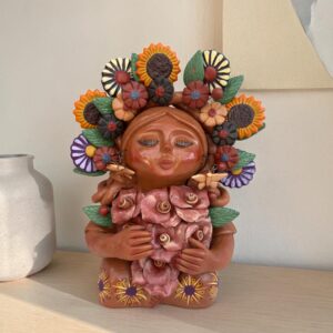 Pachamama Roses Sculpture – Handmade In Metepec Mother Earth Clay Figurine, Spiritual Folk Art