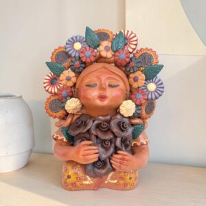 Pachamama Roses Sculpture – Handmade In Metepec Mother Earth Clay Figurine, Spiritual Folk Art