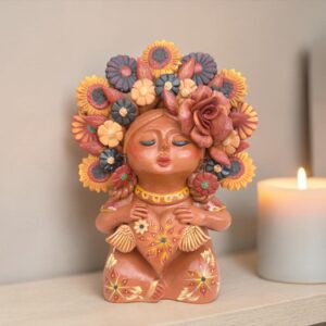 Pachamama Roses Sculpture – Handmade In Metepec Mother Earth Clay Figurine, Spiritual Folk Art
