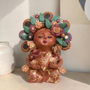 Pachamama Roses Sculpture – Handmade In Metepec Mother Earth Clay Figurine, Spiritual Folk Art