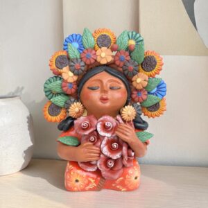 Pachamama Roses Sculpture – Handmade In Metepec Mother Earth Clay Figurine, Spiritual Folk Art