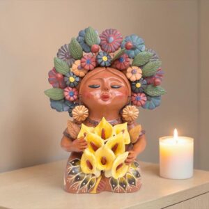 Pachamama Tulips Sculpture – Handmade In Metepec Mother Earth Clay Figurine, Spiritual Folk Art