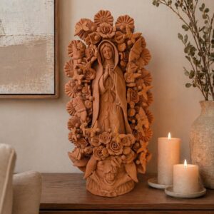 XL Handmade Clay Virgin Mary Sculpture, Mexican Folk Art, 23.7"