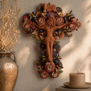Jesus Christ Crucifix Metepec Clay Handmade Floral Wall Decor Sculpture