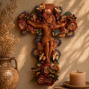 Jesus Christ Crucifix Metepec Clay Handmade Floral Wall Decor Sculpture