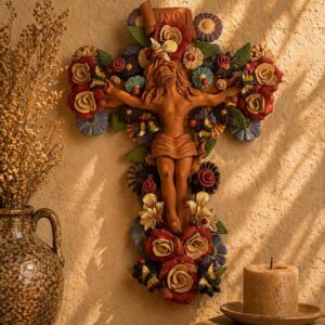 Jesus Christ Crucifix Metepec Clay Handmade Floral Wall Decor Sculpture