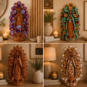XL Handmade Clay Virgin Mary Sculpture, Mexican Folk Art, 23.7"