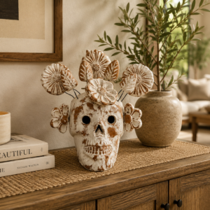 Day Of The Dead Skull Made Of Clay From Mexico, Handmade Floral