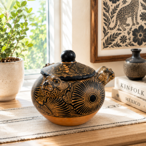 Amatenango Jaguar Clay Vessel With Lid, Chiapas Pottery Urn