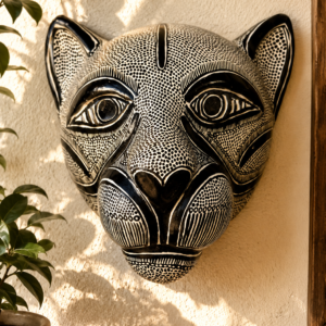Amatenango Jaguar Wall Mask, Hand Painted Clay Wall Art, Chiapas Pottery Decor