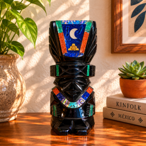 Hand Carved Obsidian Tiki Sculpture With Stone Inlays From Teotihuacan