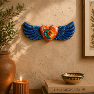 Winged Ceramic Heart Wall Art From Mexico, Hand Painted