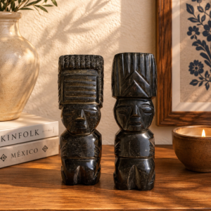 Set Of 2 Gold Obsidian Tiki Sculptures, Hand Carved Mexican Stone Art