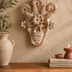 Wall Day Of The Dead Skull Made Of Clay From Mexico, Handmade Floral
