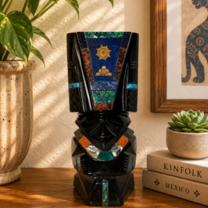 Hand Carved Obsidian Tiki Sculpture With Stone Inlays From Teotihuacan