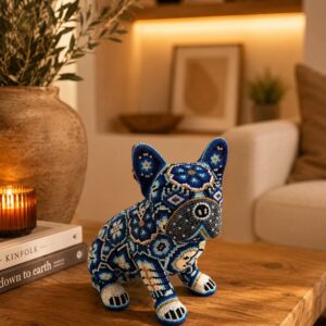 Dog Bulldog Statue Huichol Sculpture Of Mexican Folk Art, Pet Wixarika As A Mexican Decorative Figure, Made Of Resin And Beads