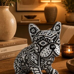 Dog Bulldog Statue Huichol Sculpture Of Mexican Folk Art, Pet Wixarika As A Mexican Decorative Figure, Made Of Resin And Beads