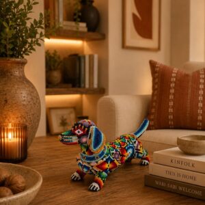 Dachshund Dog Figurine Huichol Statue Of Mexican Folk Art, Dog Wixarika As A Mexican Decorative Sculpture , Made Of Resin And Beads