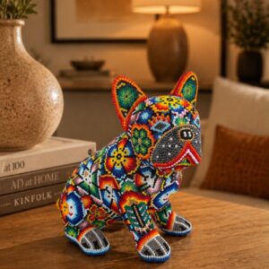 Dog Bulldog Statue Huichol Sculpture Of Mexican Folk Art, Pet Wixarika As A Mexican Decorative Figure, Made Of Resin And Beads