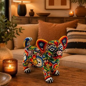 Huichol Chihuahua Figurine Hand Beaded Art From Jalisco Mexico Handmade Folk Art Sculpture Handmade By Mexican Artisans