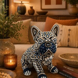 Dog Bulldog Statue Huichol Sculpture Of Mexican Folk Art, Pet Wixarika As A Mexican Decorative Figure, Made Of Resin And Beads