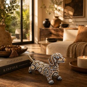 Dachshund Dog Figurine Huichol Statue Of Mexican Folk Art, Dog Wixarika As A Mexican Decorative Sculpture , Made Of Resin And Beads