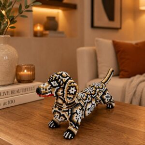 Dachshund Dog Figurine Huichol Statue Of Mexican Folk Art, Dog Wixarika As A Mexican Decorative Sculpture , Made Of Resin And Beads