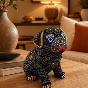 Pug Dog Puppy Statue Huichol Sculpture Of Mexican Folk Art, Pet Wixarika As A Mexican Decorative Figure, Made Of Resin And Beads