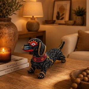 Dachshund Dog Figurine Huichol Statue Of Mexican Folk Art, Dog Wixarika As A Mexican Decorative Sculpture , Made Of Resin And Beads