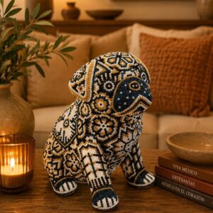 Pug Dog Puppy Statue Huichol Sculpture Of Mexican Folk Art, Pet Wixarika As A Mexican Decorative Figure, Made Of Resin And Beads