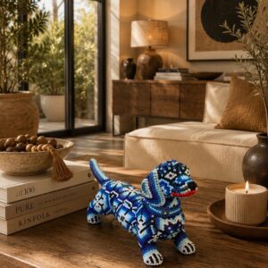 Dachshund Dog Figurine Huichol Statue Of Mexican Folk Art, Dog Wixarika As A Mexican Decorative Sculpture , Made Of Resin And Beads