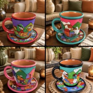 Decorative Ceramic Cup And Saucer Set Hand Painted With Acrylic Mexican Folk Art Lead Free Handmade By Mexican Artisans