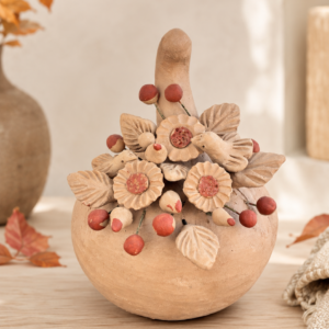 Decorative Pumpkin Made Of Clay From Santa María Atzompa Oaxaca, Floral And Bird Design, Handmade By Mexican Artisans