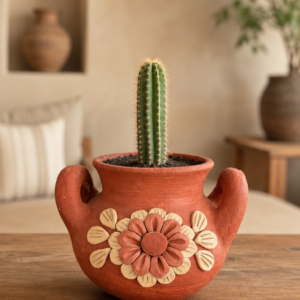 Planter Made Of Clay From Santa María Atzompa Oaxaca With Floral Details, Handmade By Mexican Artisans