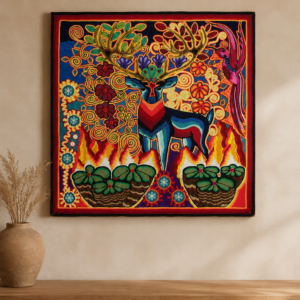 Huichol Yarn Art Deer And Pellote, Mexican Folk Wall Art, Wixárika Handmade Art, Colorful Decor, 24 x 24