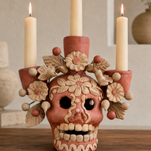 Skull Three-Candle Holder Made Of Clay From Santa María Atzompa Oaxaca, Handmade By Mexican Artisans
