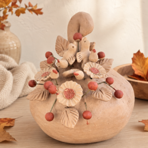 Decorative Pumpkin Made Of Clay From Santa María Atzompa Oaxaca, Floral And Bird Design, Handmade By Mexican Artisans