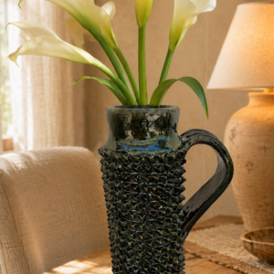 Textured Pitcher Vase Made Of Glazed Clay From Michoacán, Mexico, Handmade By Mexican Artisans